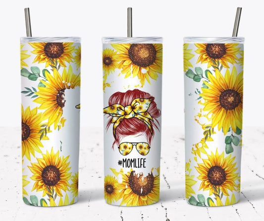 20 oz Skinny Tumbler, #momlife, Messy Bun, Red Hair, Sunflower, Stainless Steel Tumbler