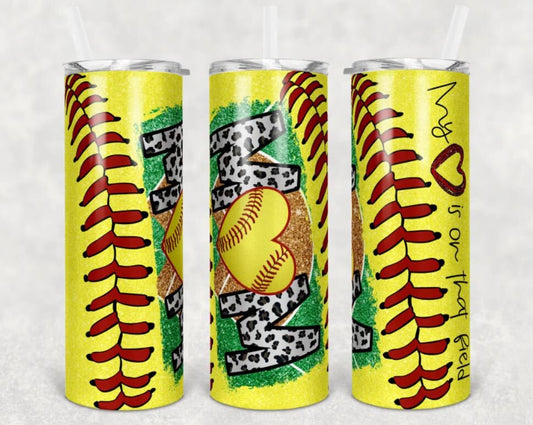 20 oz Skinny Tumbler, Softball Mom, Heart, Yellow, Stainless Steel Tumbler