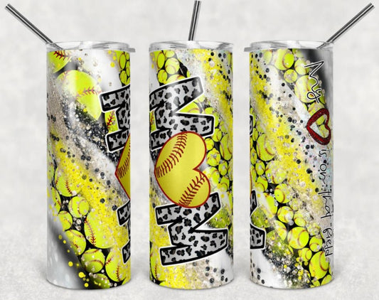 20 oz Skinny Tumbler, Softball Mom, Heart, Yellow, Stainless Steel Tumbler