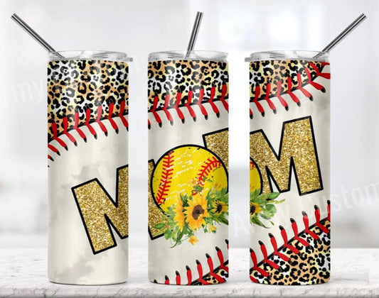 20 oz Skinny Tumbler, Softball Mom, Leopard, Sunflower, Floral, Stainless Steel Tumbler