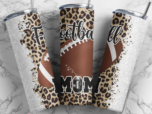 20 oz Skinny Tumbler, Football Mom, Leopard, Glitter, Stainless Steel Tumbler