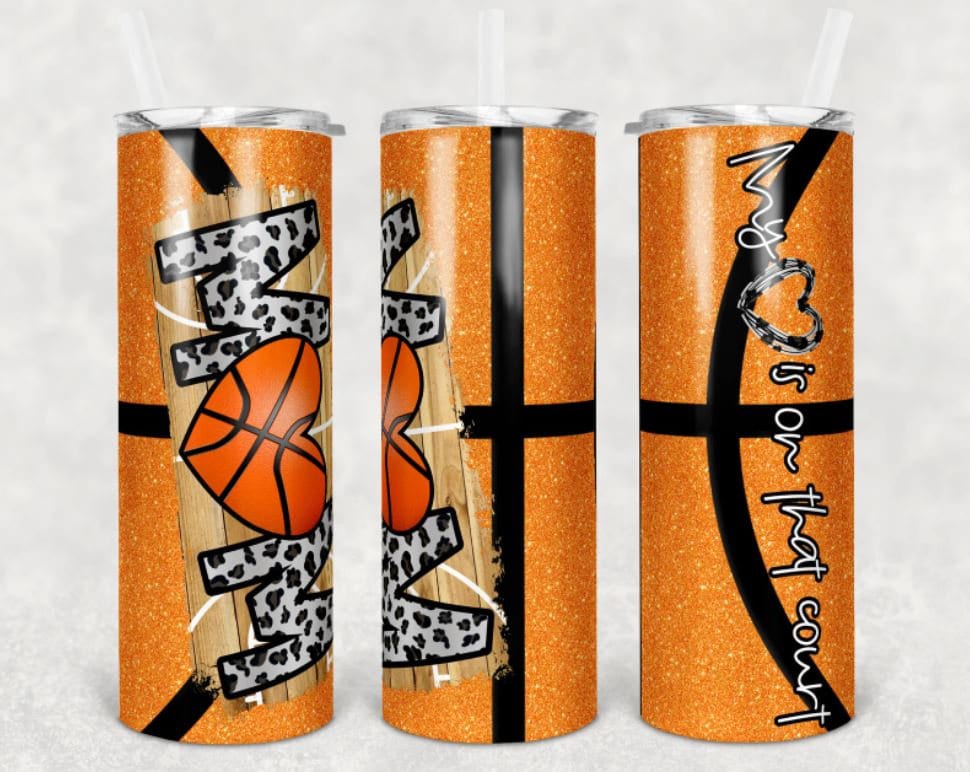 20 oz Skinny Tumbler, Basketball Mom, Leopard, Heart, Stainless Steel Tumbler