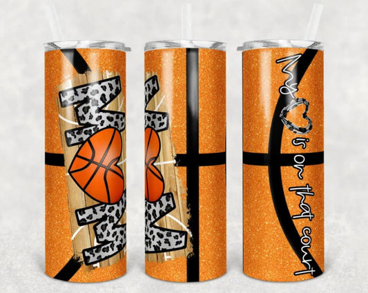 20 oz Skinny Tumbler, Basketball Mom, Leopard, Heart, Stainless Steel Tumbler