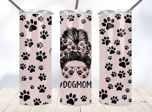 20 oz Skinny Tumbler, Dog Mom, Pink, Paws, Stainless Steel Tumbler