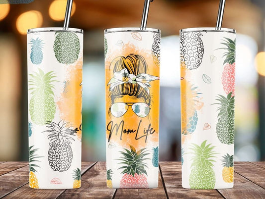 20 oz Skinny Tumbler, #momlife, Messy Bun, Pineapples, Stainless Steel Tumbler