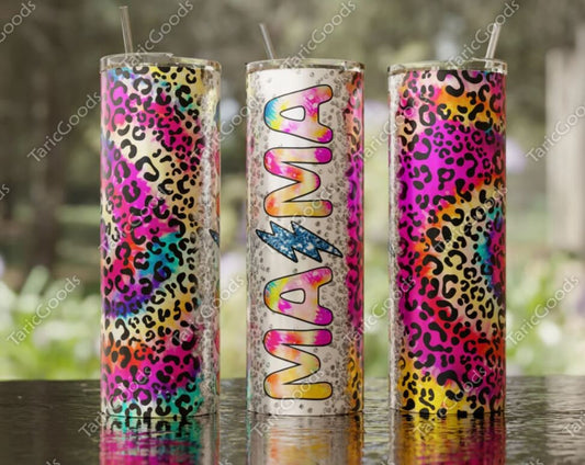 20 oz Skinny Tumbler, MAMA, Leopard, Rainbow, Rock & Roll, Stainless Steel Tumbler