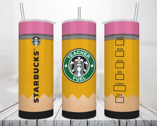 20 oz Skinny Tumbler, Teacher Fuel, Pencil, Stainless Steel Tumbler