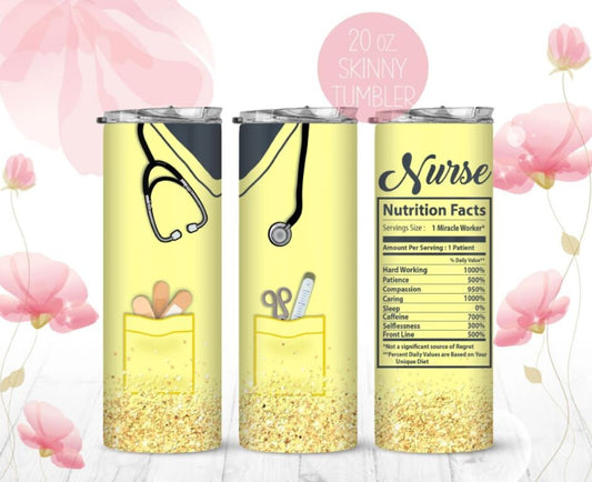 20 oz Skinny Tumbler, Nurse, Yellow, Glitter, Nutrition Facts, Stainless Steel Tumbler