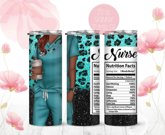 20 oz Skinny Tumbler, Nurse, Teal, Black, Leopard, Glitter, Nutrition Facts, Stainless Steel Tumbler