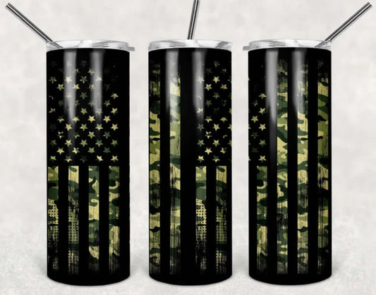 Camo, Black American Flag, Patriotic, 20 oz. Stainless Steel Tumbler