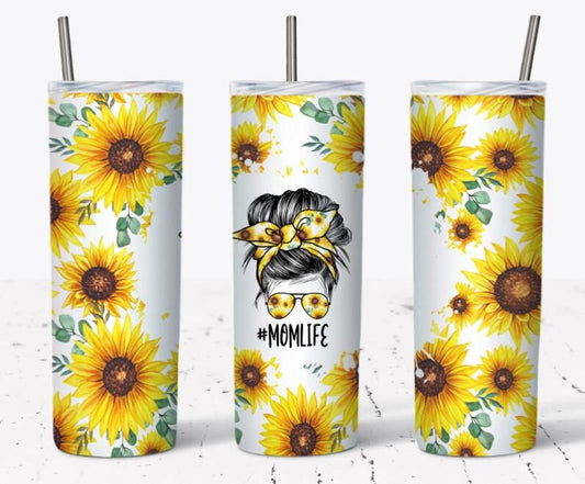 20 oz Skinny Tumbler, #momlife, Messy Bun, Sunflower, Stainless Steel Tumbler