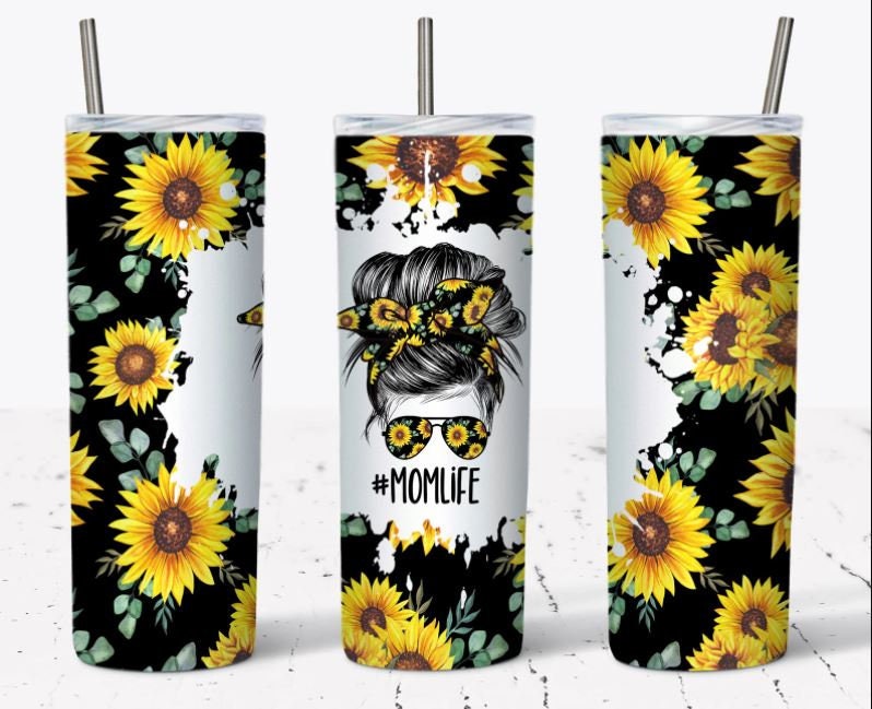 20 oz Skinny Tumbler, #momlife, Messy Bun, Black, Sunflower, Stainless Steel Tumbler