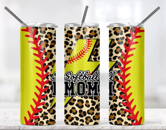 20 oz Skinny Tumbler, Softball Mom, Leopard, Yellow, Stainless Steel Tumbler