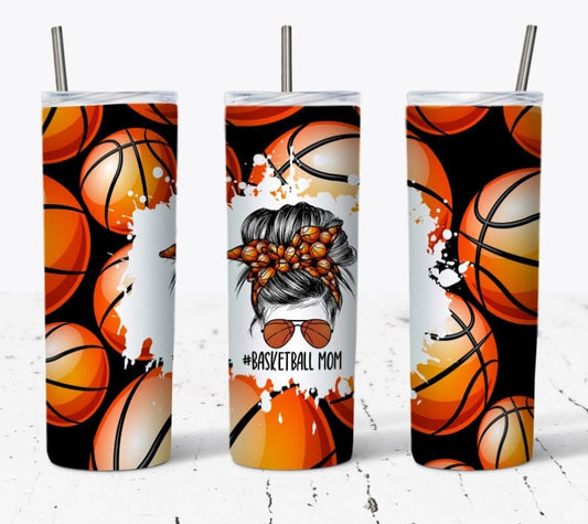 20 oz Skinny Tumbler, Basketball Mom, Messy Bun,  Stainless Steel Tumbler