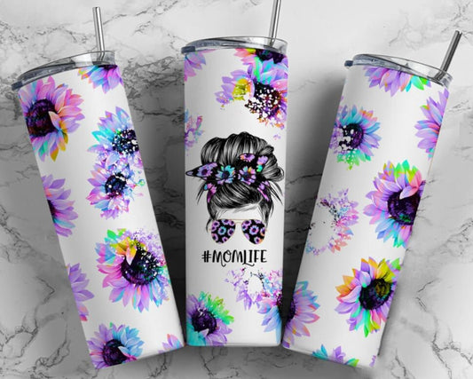 20 oz Skinny Tumbler, #momlife, Messy Bun, Rainbow, Sunflower, Stainless Steel Tumbler