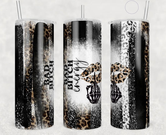 Bad Bitch Energy, Leopard print, Lips, Gift for her, Gift for friend, Bitch gift, Stainless Steel Tumbler, 20 oz Skinny Tumbler