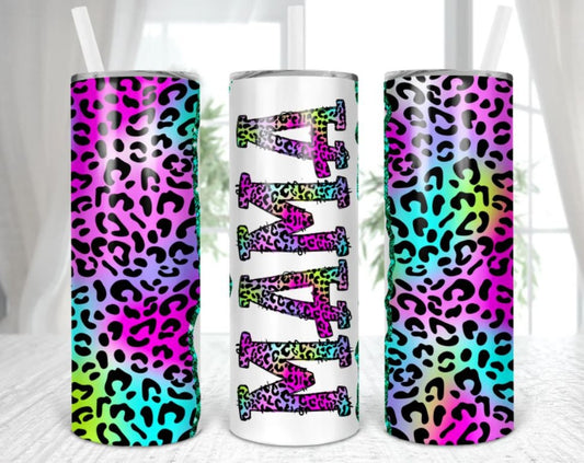 20 oz Skinny Tumbler, MAMA, Leopard, Rainbow, Stainless Steel Tumbler