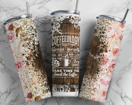 Coffeeology, Pink, Roses, Floral, 20 oz. Stainless Steel Tumbler