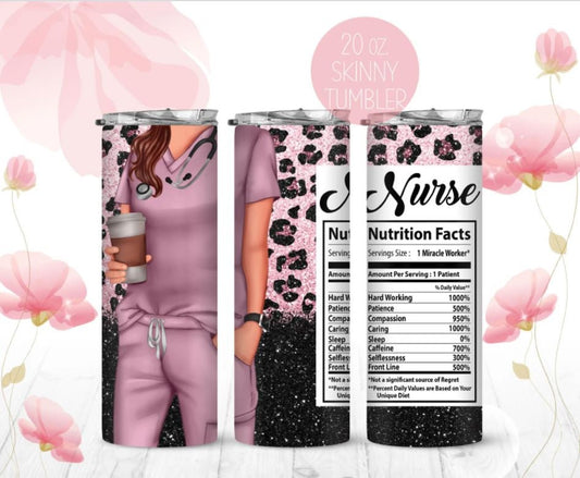 20 oz Skinny Tumbler, Nurse, Pink, Leopard, Glitter, Nutrition Facts, Stainless Steel Tumbler