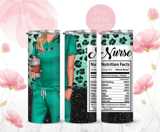 20 oz Skinny Tumbler, Nurse, Teal, Leopard, Glitter, Nutrition Facts, Stainless Steel Tumbler