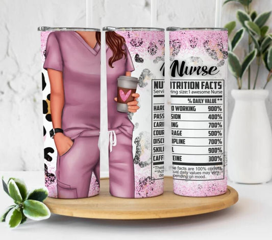 20 oz Skinny Tumbler, Nurse, Pink, Leopard, Glitter, Nutrition Facts, Stainless Steel Tumbler