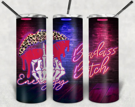 Bad Bitch Energy, Neon, Leopard print , Lips, Gift for her, Gift for friend, Bitch gift,  20 oz Stainless Steel, Skinny Tumbler