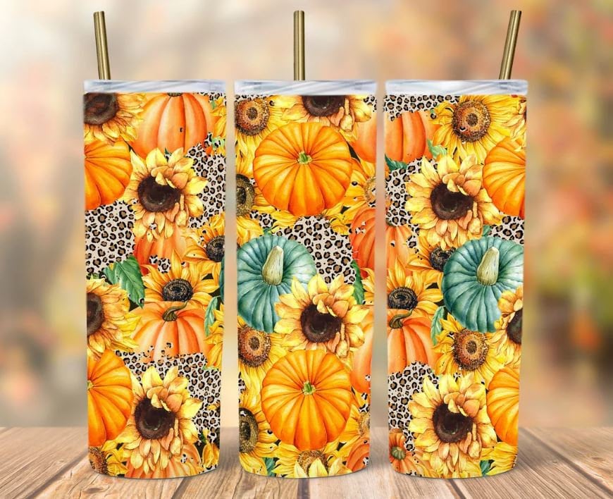 Sunflower Pumpkin Cup, Sunflower Cup, Leopard print, Fall Cup, 20 oz. Stainless Steel Skinny Tumbler