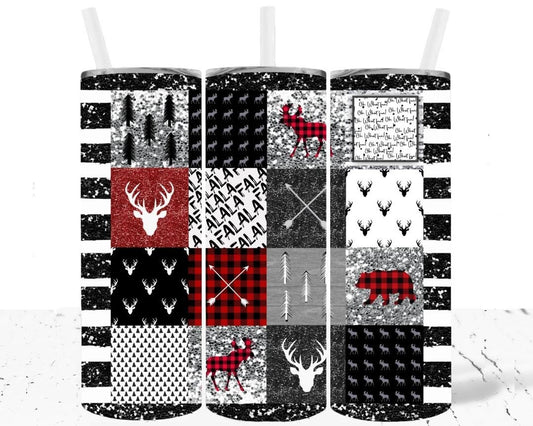 Deer, Bear, Moose, Red & Black buffalo plaid, Christmas quilt, 20 oz. Stainless Steel Tumbler