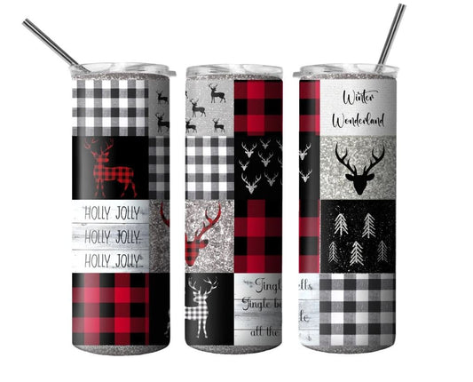 Buffalo Plaid, Glitter, Deer, Quilt, Christmas gift, 20 oz., Stainless Steel, Skinny Tumbler