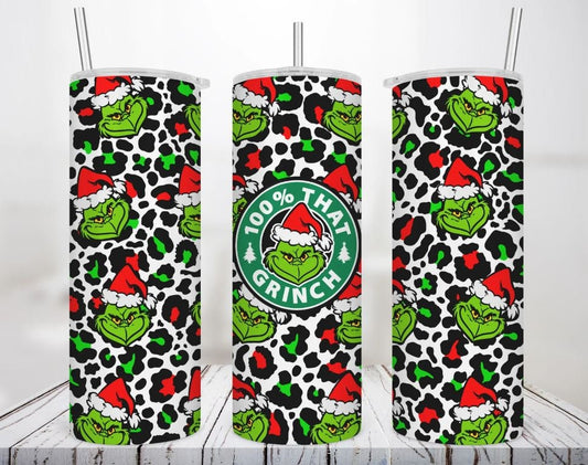 100% that Grinch, Grinch face, leopard print, Christmas Gift, 20 oz., Stainless Steel, Skinny Tumbler