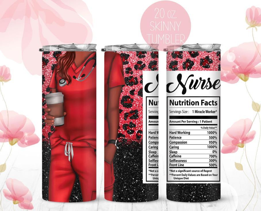 20 oz Skinny Tumbler, Nurse, Red, Leopard, Glitter, Nutrition Facts, Stainless Steel Tumbler