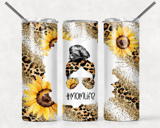 20 oz Skinny Tumbler, #momlife, Messy Bun, Sunflower, Leopard, Gold Glitter, Glam, Stainless Steel Tumbler