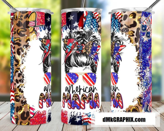 American MAMA, Messy Bun, Animal print, American Flag, 4th of july, Leopard print, 20 oz. Stainless Steel Tumbler