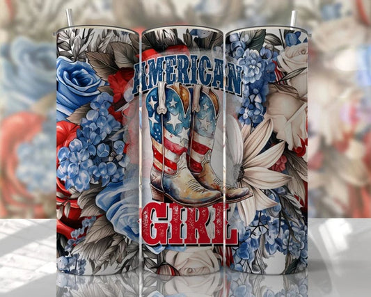 American Girl, American Flag, Cowgirl boots, Red White and Blue, Floral, Country girl gift, Skinny 20oz Stainless Steel Tumbler