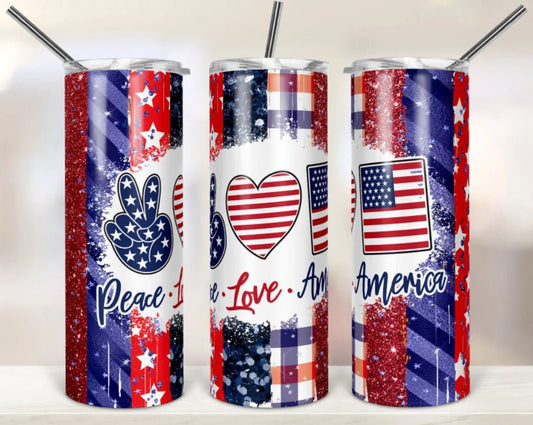 Peace Love America, 4th of July, Red White and Blue, American Flag, 20oz Stainless Steel Tumbler