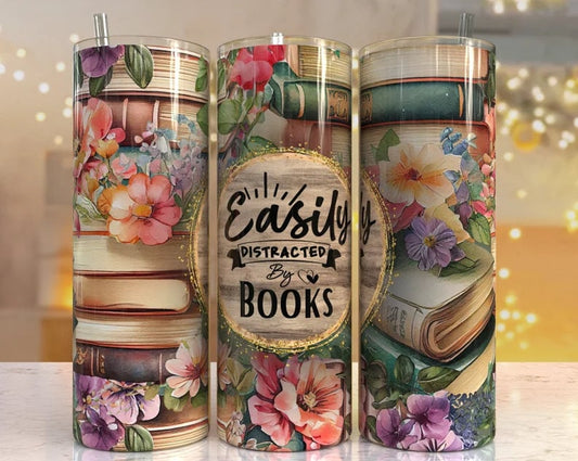 Easily Distracted by Books, Gift for Book Lover, Book Lover, 20 oz., stainless steel, skinny, tumbler