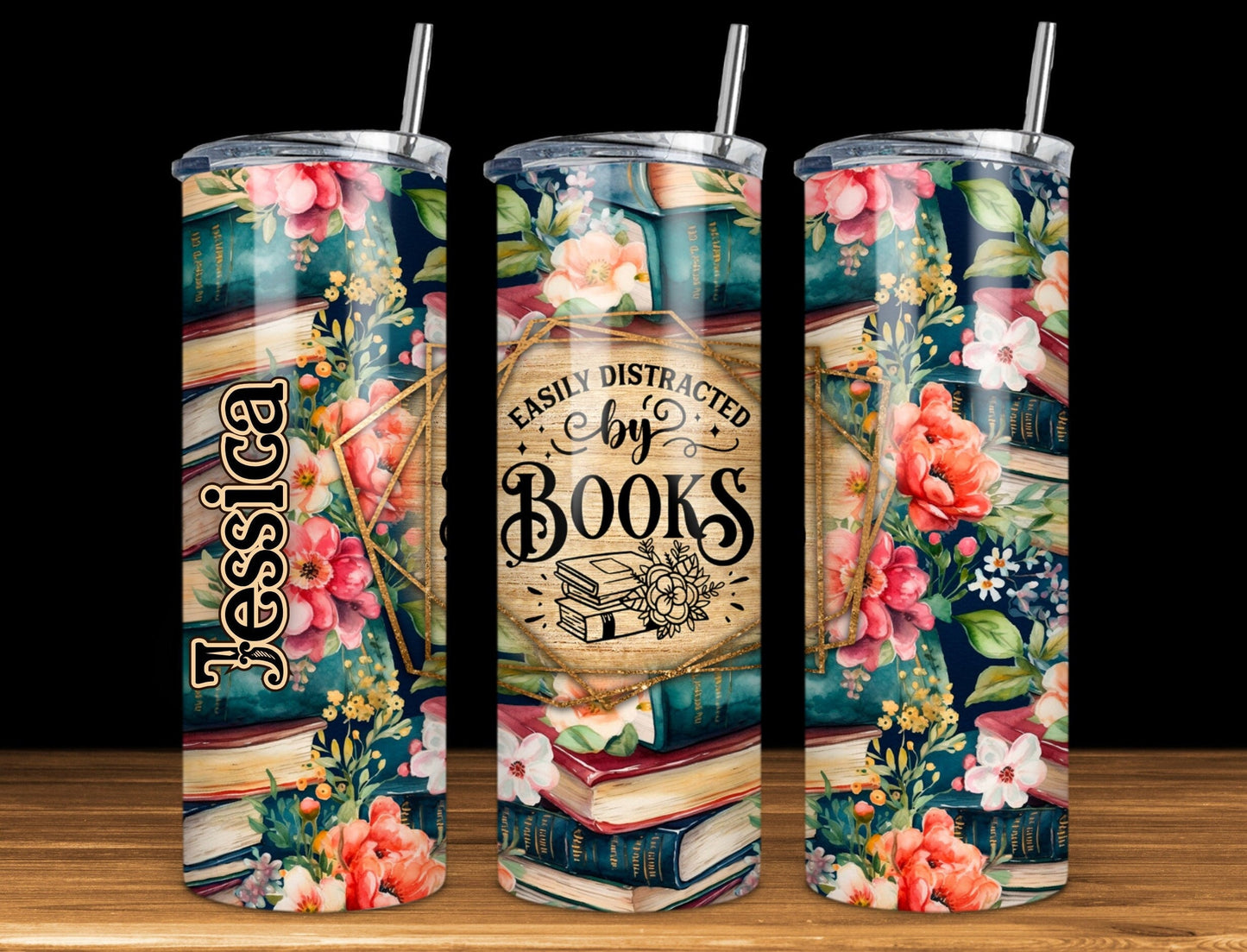 Easily Distracted by Books, Personalized Tumbler, Gift for Book Lover, Book Lover, 20 oz., stainless steel, skinny, tumbler