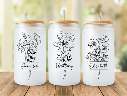 Personalized Birth Flower Coffee Cup, Glass Iced Coffee Cup, Personalized Birth Flower Tumbler, Birth Flower Glass, Christmas Gift for her