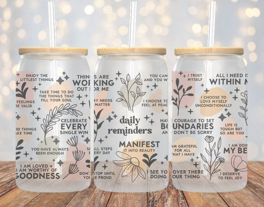 Daily Reminders Coffee Cup, Daily Affirmation Cup, Daily Reminder Cup, Frosted Glass Cup, Ice Coffee Cup, Iced Coffee Glass, Self Love Glass