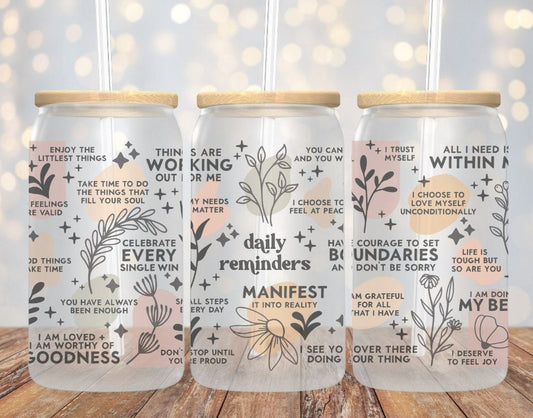 Daily Reminders Coffee Cup, Daily Affirmation Cup, Daily Reminder Cup, Frosted Glass Cup, Ice Coffee Cup, Iced Coffee Glass, Self Love Glass